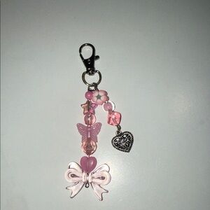 Pink Beaded Keychain with Bow and Heart Charm